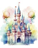 AI generated Colorful watercolor kawaii castle isolated on white background. AI Generated photo