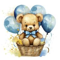 AI generated A watercolor baby teddy bear is sitting in the basket with blue and gold balloons. AI Generated photo