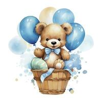 ai generado un acuarela bebé osito de peluche oso es sentado en el cesta con azul y oro globos ai generado foto