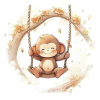 AI generated Cute happy baby monkey on swings on a tree in watercolor. AI Generated photo