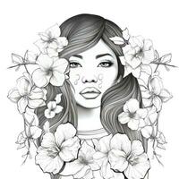 AI generated A girl on a coloring book page with Jasmine flowers. AI Generated photo