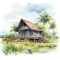 AI generated A watercolored bright serene image of a traditional bahay kubo. AI Generated photo