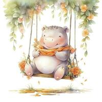 AI generated Cute happy baby rhino on swings in the tree in watercolor style. AI Generated photo