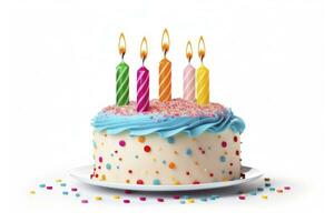 AI generated Colourful birthday cake with candles isolated on white background. AI Generated photo