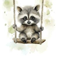 AI generated Cute baby raccoon in watercolour style, sitting on swings attached to the tree. AI Generated photo