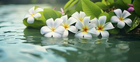 ai generado plumeria flores en verde hoja flotante en agua. un pacífico y sereno escena con un toque de naturaleza y belleza. ai generado foto