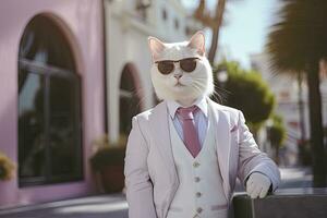 AI generated A cat is wearing sunglasses, suit and standing on street. AI Generated photo