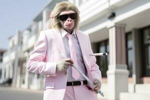 AI generated A Monkey is wearing sunglasses, suit and standing on street. AI Generated photo