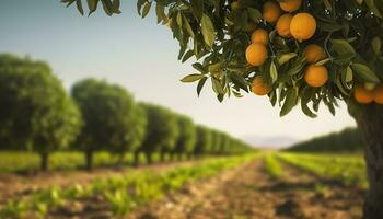 AI generated An orange tree is in the foreground with a farm field background. Generative AI photo