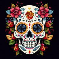 AI generated Mexican roses skull. Mexican roses skull. Dia de los muertos shugar colorful head. AI Generated photo