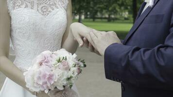 Young newlyweds walking outside. The bride and groom walk together in the Park in winter or summer and holding hands. happy bridal couple walking in park among the bushes cherry. photo