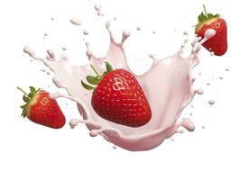 AI generated milk or yogurt splash with strawberries isolated on white background, 3d rendering. AI Generated photo