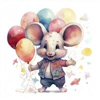 AI generated Watercolor mouse with balloons. AI Generated photo