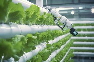 AI generated Automatic Agricultural Technology With Close-up View Of Robotic Arm Harvesting Lettuce In Vertical Hydroponic Plant. AI Generated photo