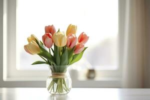 AI generated A bouquet of tulips on a white table. AI Generated photo