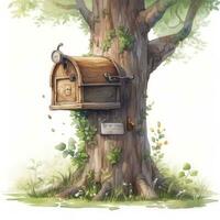 AI generated Watercolor mailbox in a tree on a white background. AI Generated photo