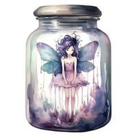 AI generated Watercolor Fantasy Pastel Goth Tiny Fairy in a Jar. AI Generated photo