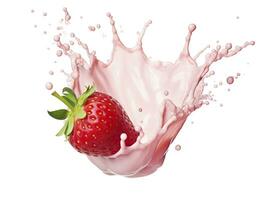 AI generated milk or yogurt splash with strawberries isolated on white background, 3d rendering. AI Generated photo