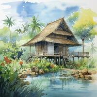 AI generated A watercolored bright serene image of a traditional bahay kubo. AI Generated photo