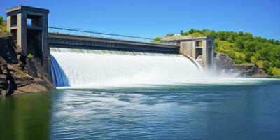 ai generado hidroeléctrico represa generando verde energía desde fluido agua. ai generado. foto