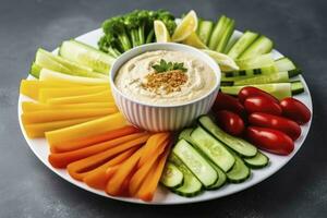 AI generated Crop shot of plate with colorful healthy sliced vegetables. AI Generated photo
