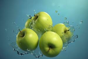 AI generated Fresh green apples fall into the water with a splash on blue background. photo