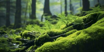 AI generated Green moss closeup, with a backdrop of woodland.  Forest in the national park. AI Generated photo
