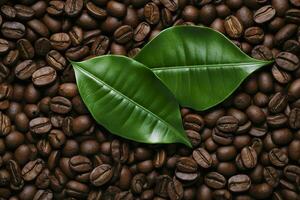 AI generated Green leaves with coffee beans as background. AI Generated photo