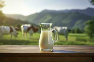 AI generated Glass pitcher with fresh milk on a wooden table. AI Generated photo