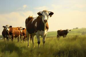 ai generado grupo de vacas en pie en un herboso campo. ai generado foto