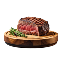 ai généré rôti du boeuf steak sur une en bois assiette isolé sur transparent Contexte png