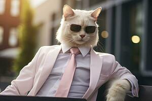 AI generated A cat is wearing sunglasses, suit and standing on street. AI Generated photo