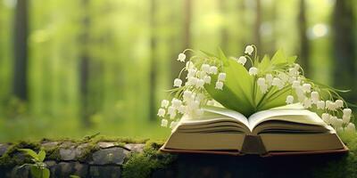 AI generated Lily of the Valley flowers and old books in the forest, green natural background. AI Generated photo