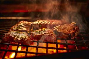 ai generado carne interrogatorio intenso en un carbón parrilla con fumar creciente. ai generado foto