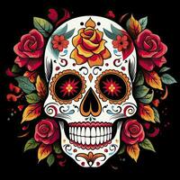 AI generated Mexican roses skull. Mexican roses skull. Dia de los muertos shugar colorful head. AI Generated photo