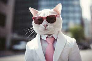 AI generated A cat is wearing sunglasses, suit and standing on street. AI Generated photo