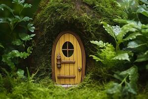 AI generated Little magic wooden fairy doors and plants leave on a mossy natural green background. AI Generated photo