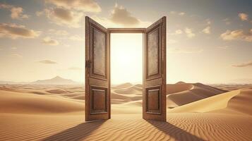 AI generated The opened door on the desert. Unknown and start up concept. AI Generated. photo