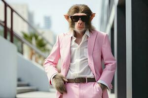 AI generated A Monkey is wearing sunglasses, suit and standing on street. AI Generated photo