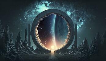 AI generated Portal to another world. Futuristic cosmic landscape with circle tunnel in starry sky. Generative AI photo