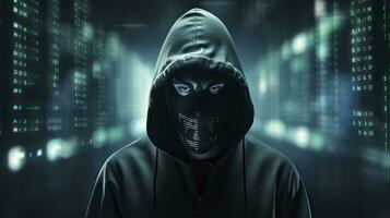 AI generated Binary Intrigue. Anonymous robotic hacker. Concept of hacking. AI Generated photo