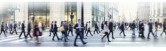 AI generated Walking people blur. Lots of people walk in the City of London. Wide panoramic view of people crossing the road. AI Generated photo