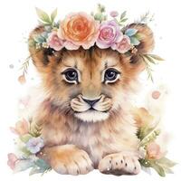 AI generated Watercolor Baby Lion. AI Generated photo