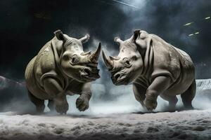 AI generated Two Rhinoceros getting ready for fight on Ice. AI Generated photo