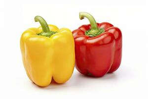 AI generated Two bell peppers, a red and a yellow isolated on white background. AI Generated. photo