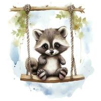 AI generated Cute baby raccoon in watercolour style, sitting on swings attached to the tree. AI Generated photo