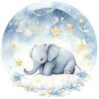 AI generated An elephant on a bed with stars and blankets around the circle. AI Generated photo