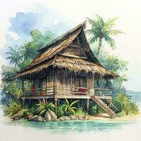 AI generated A watercolored bright serene image of a traditional bahay kubo. AI Generated photo