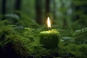 AI generated Burning candle on moss, dark green blurred the natural background. Magic candle. Generative AI photo