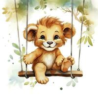 AI generated Cute happy baby lion on swings attached to the tree in watercolor style. AI Generated photo